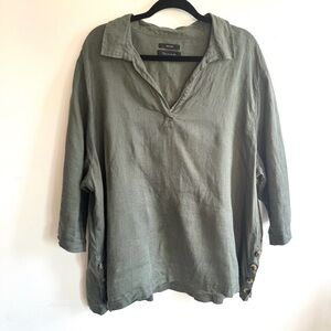 Tahari Linen Tunic Top Olive Green Oversized Button Detail Boho